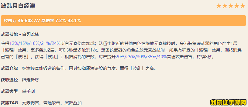 《原神》波乱月白经津需要哪些突破材料？适合哪些角色？武器面板一览